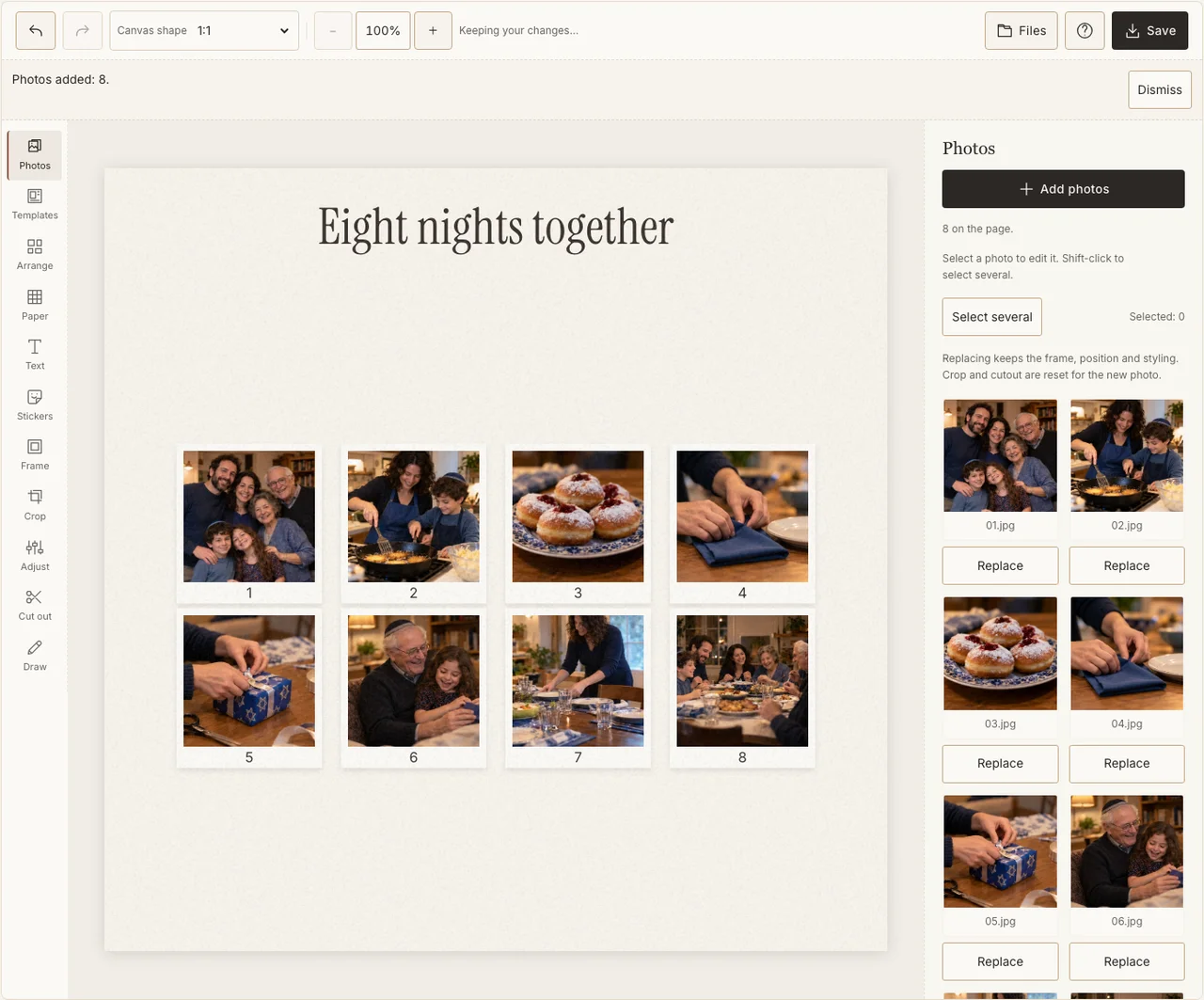 An eight-frame family page made in the actual editor