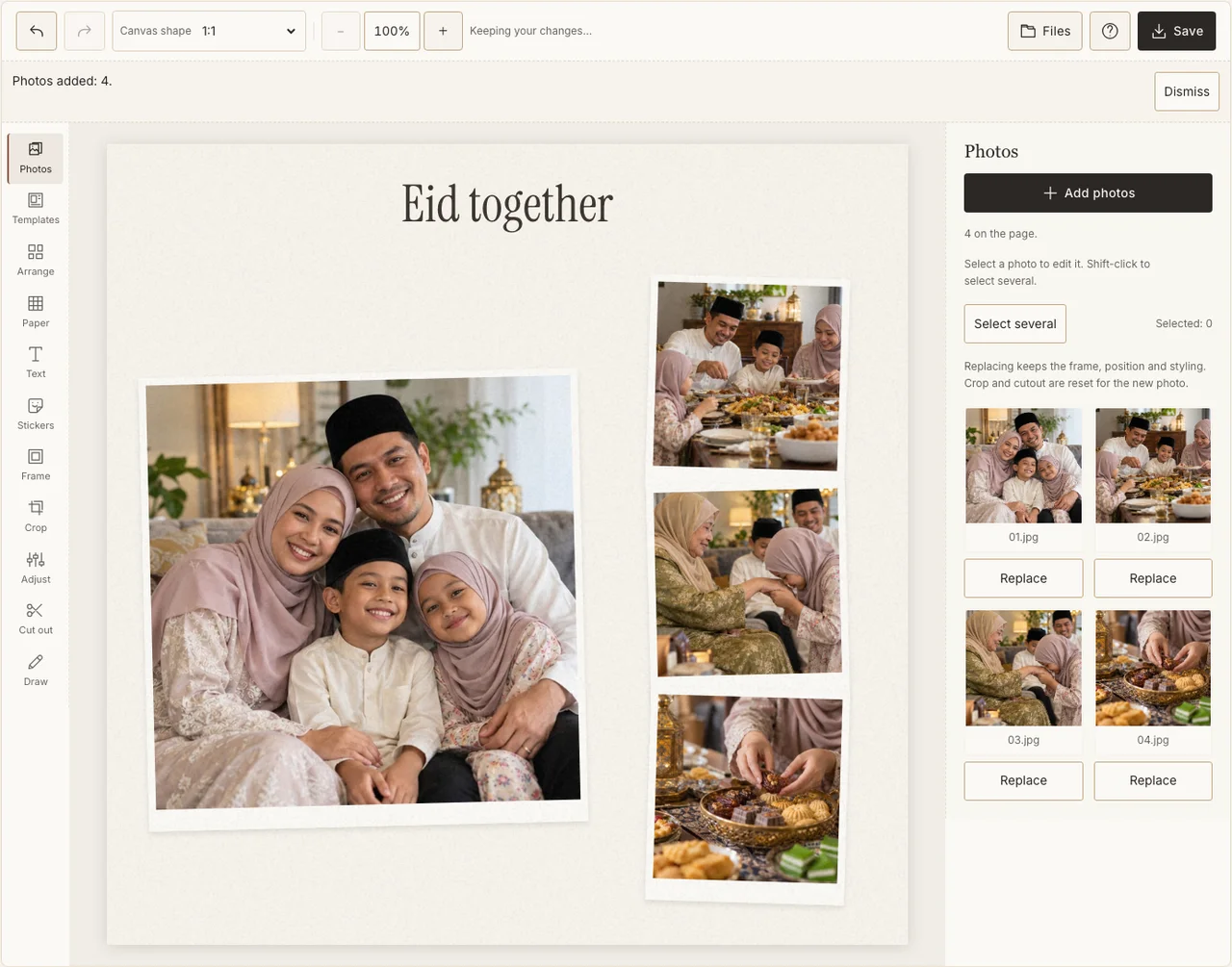 A family greeting with one group portrait and three Eid gathering details