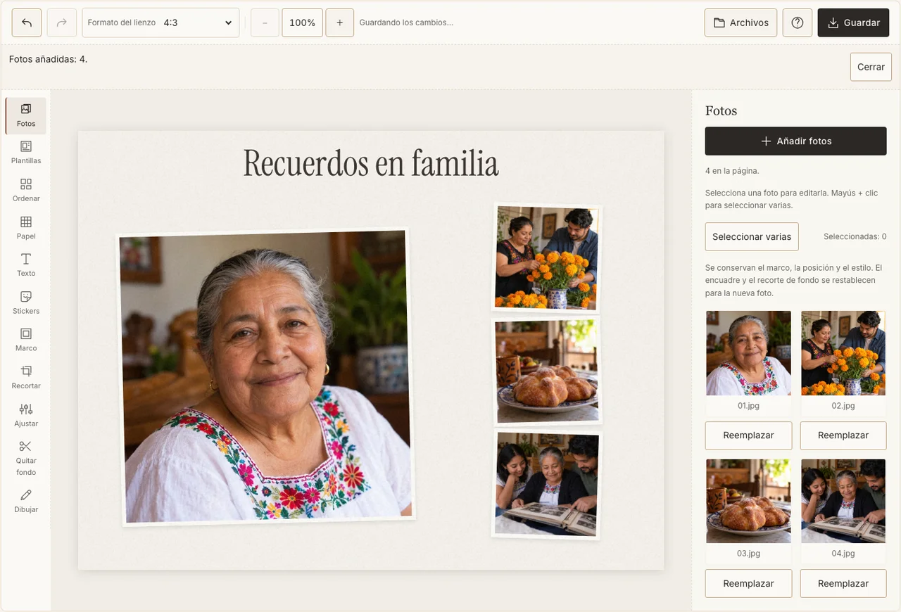 Un retrato y tres recuerdos familiares en la aplicación real