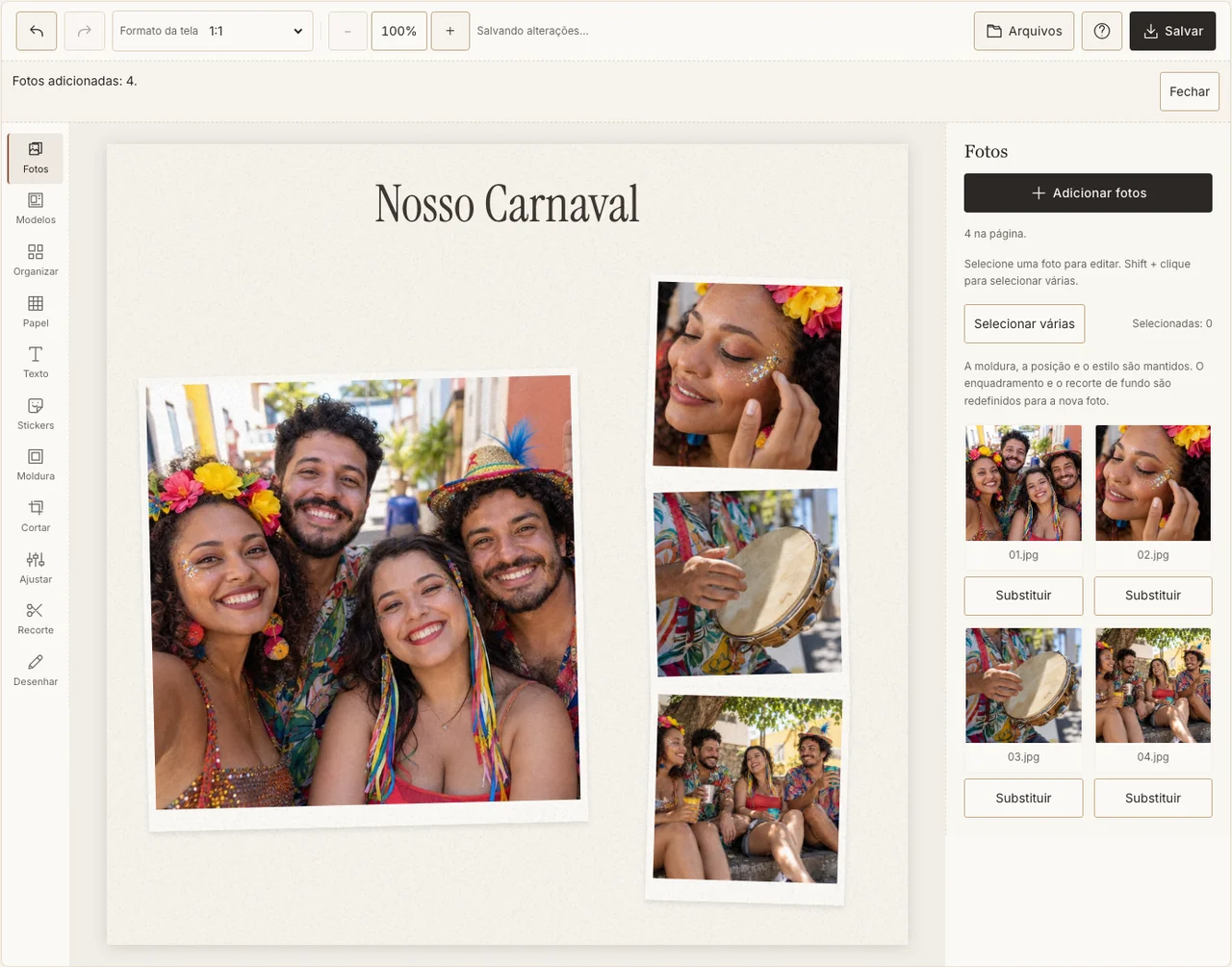 Turma e três detalhes do Carnaval no editor real
