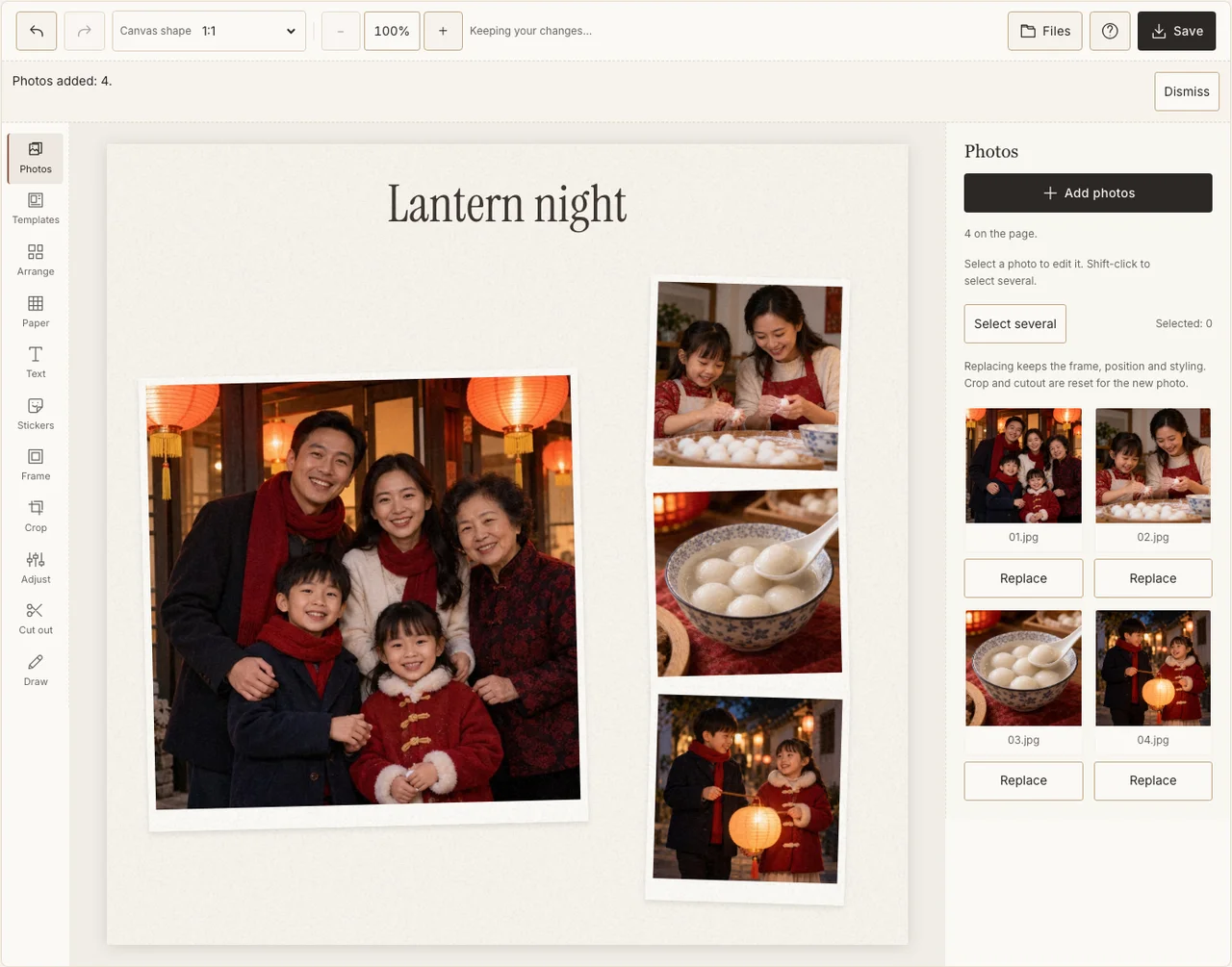 A clear family portrait beside three Lantern Festival moments