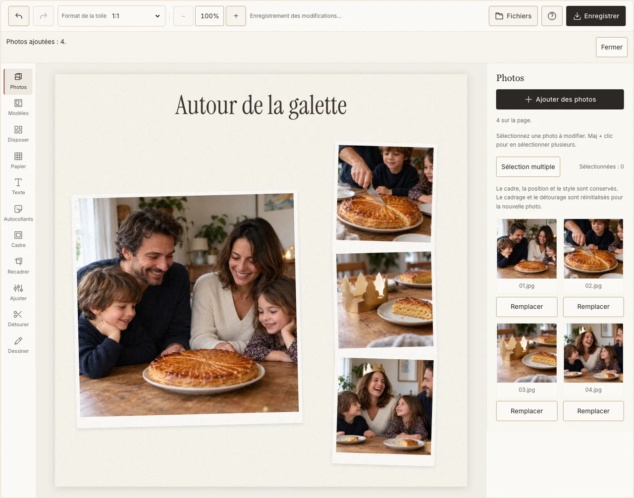 Un groupe et trois détails de la galette dans le véritable éditeur