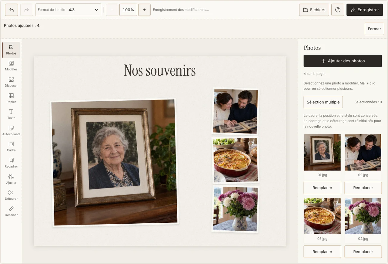 Un portrait et trois souvenirs disposés dans le véritable éditeur