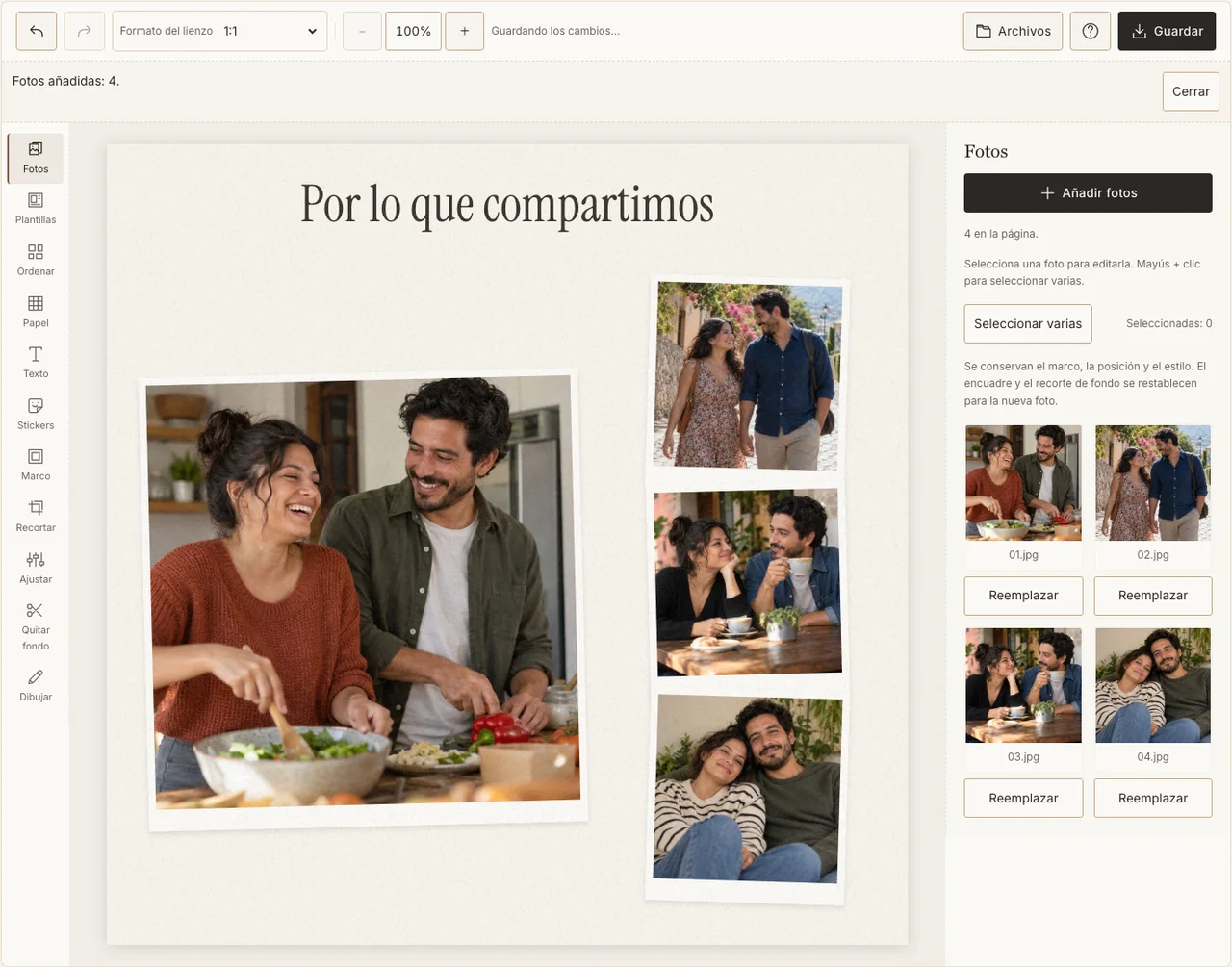 Cuatro recuerdos con un mensaje breve en el editor real
