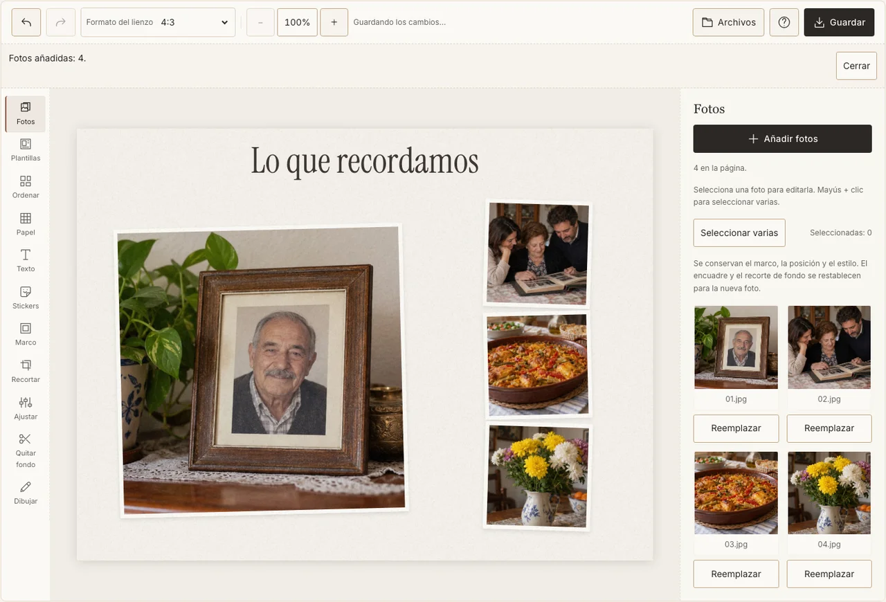 Un retrato con tres recuerdos familiares en el editor real