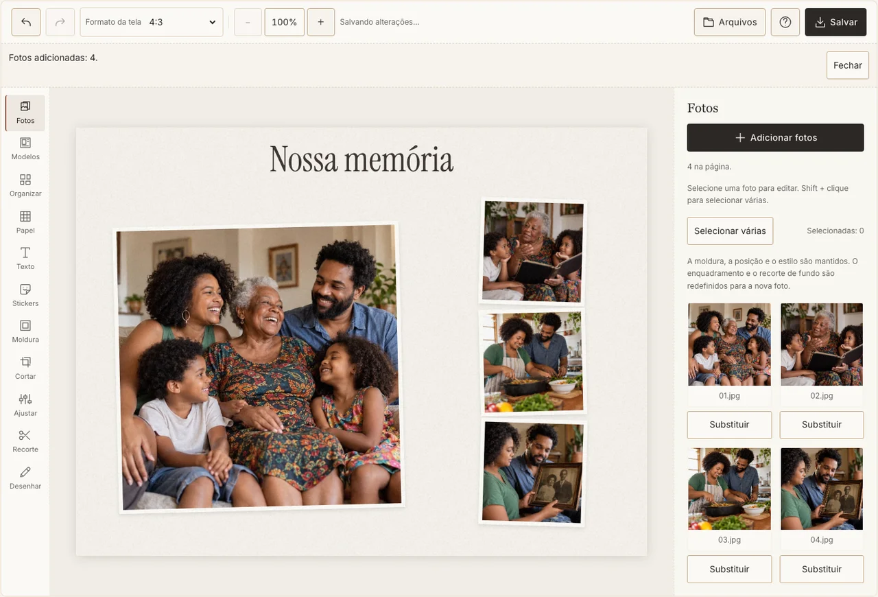 Pessoas e memórias familiares organizadas no editor real