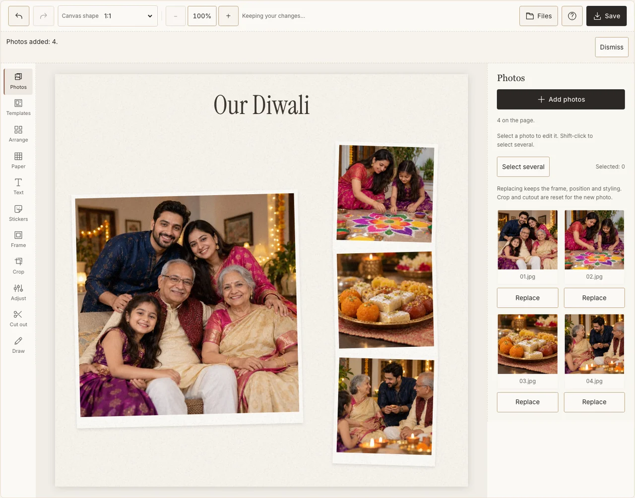 The actual four-photo Diwali example with a short greeting