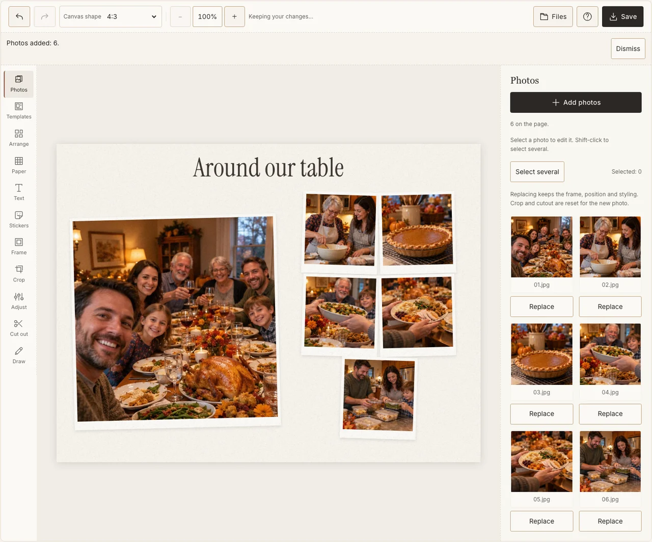 The finished table-led Thanksgiving arrangement in the editor