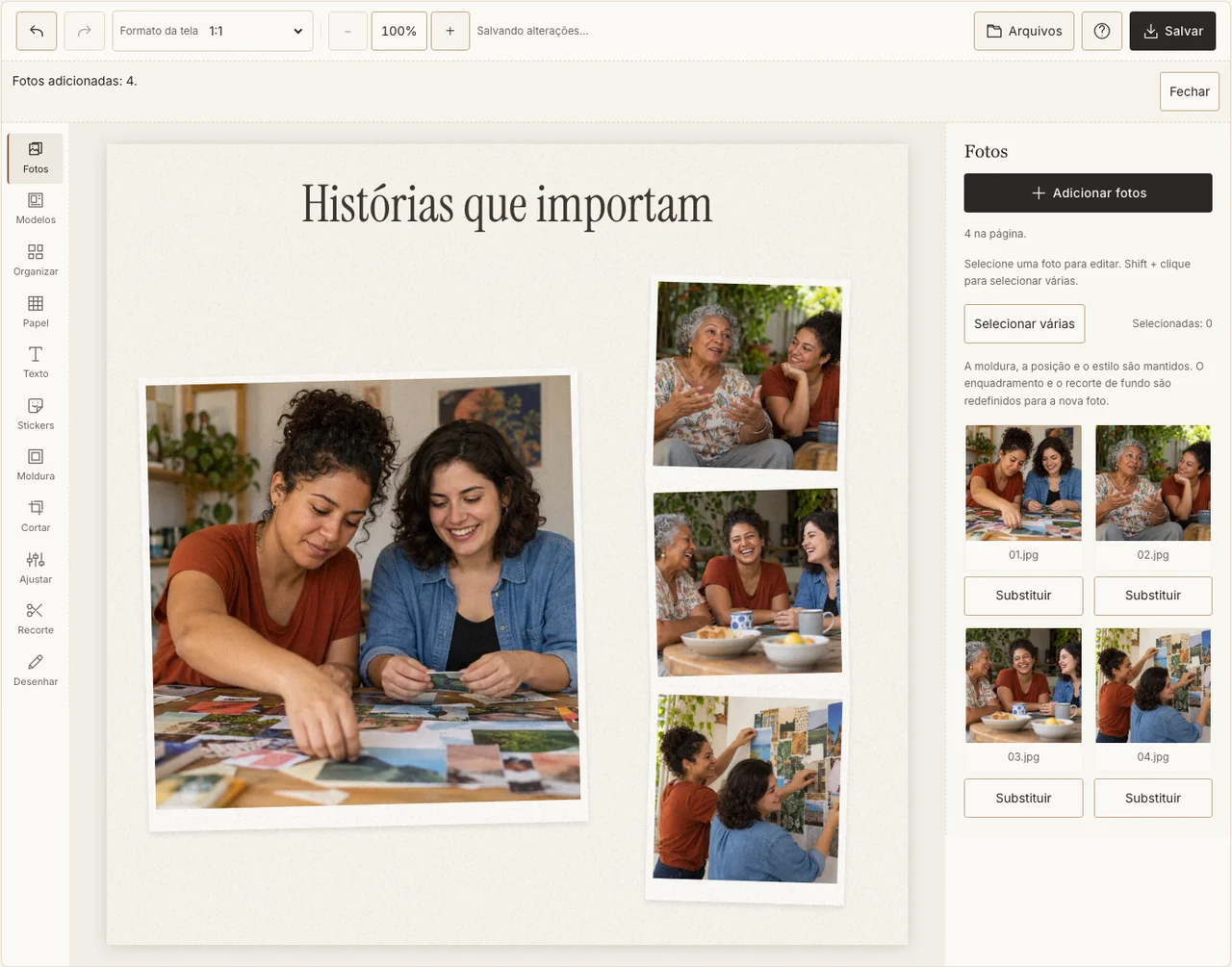 Uma história compartilhada com espaço para créditos no editor real