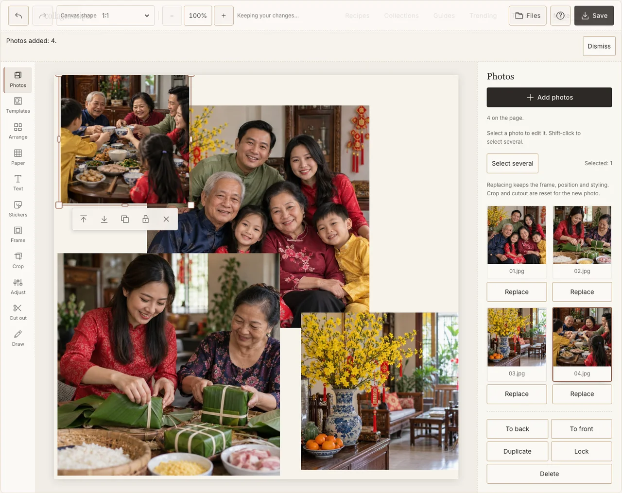 Vietnamese-family practice photographs imported into the real editor
