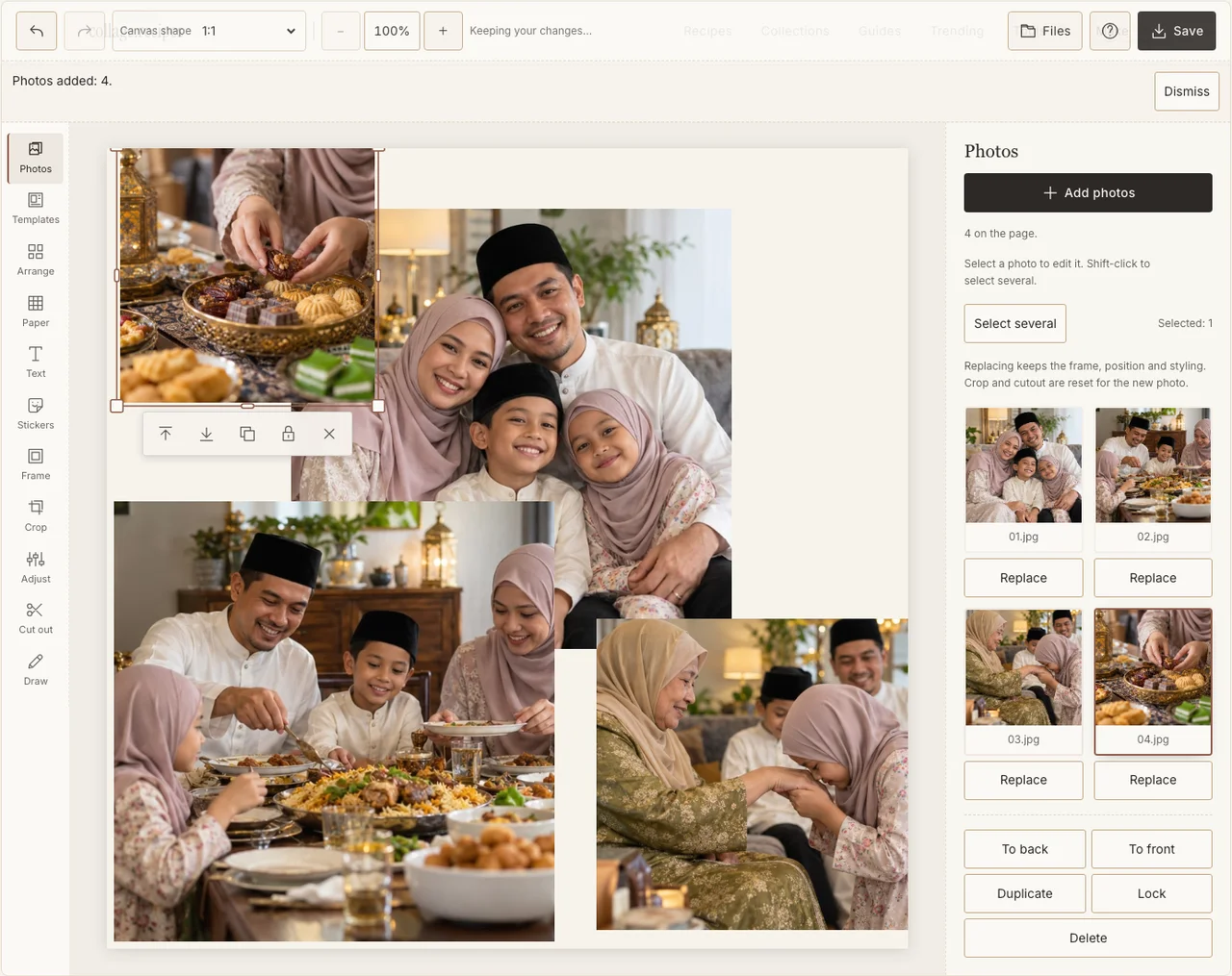 Four fictional Eid family photographs in the actual Photos panel
