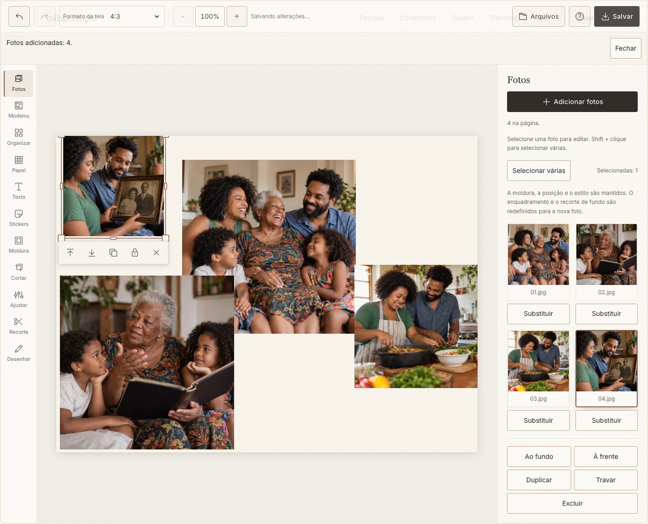 Quatro imagens fictícias de conversas e memória familiar em Fotos