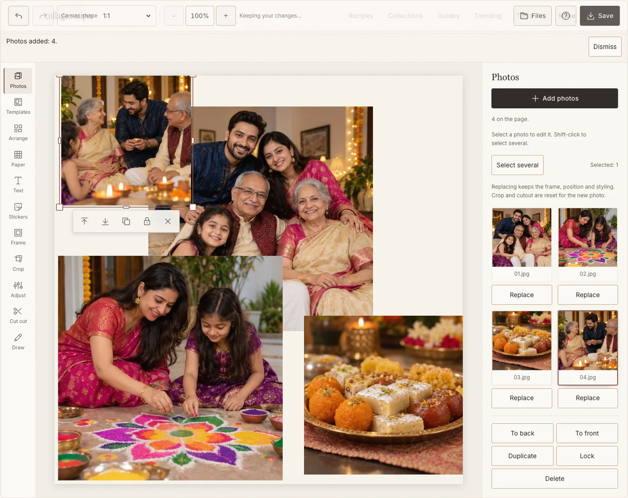 The Diwali family and detail photographs in the Photos panel