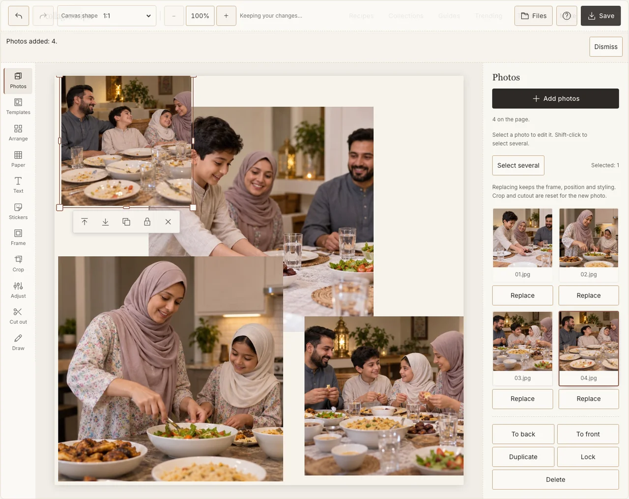 Four fictional domestic iftar photographs in the real Photos panel