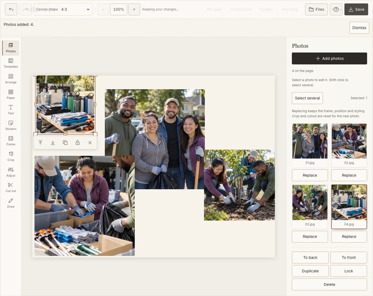 Fictional volunteer practice photos loaded in the Photos panel