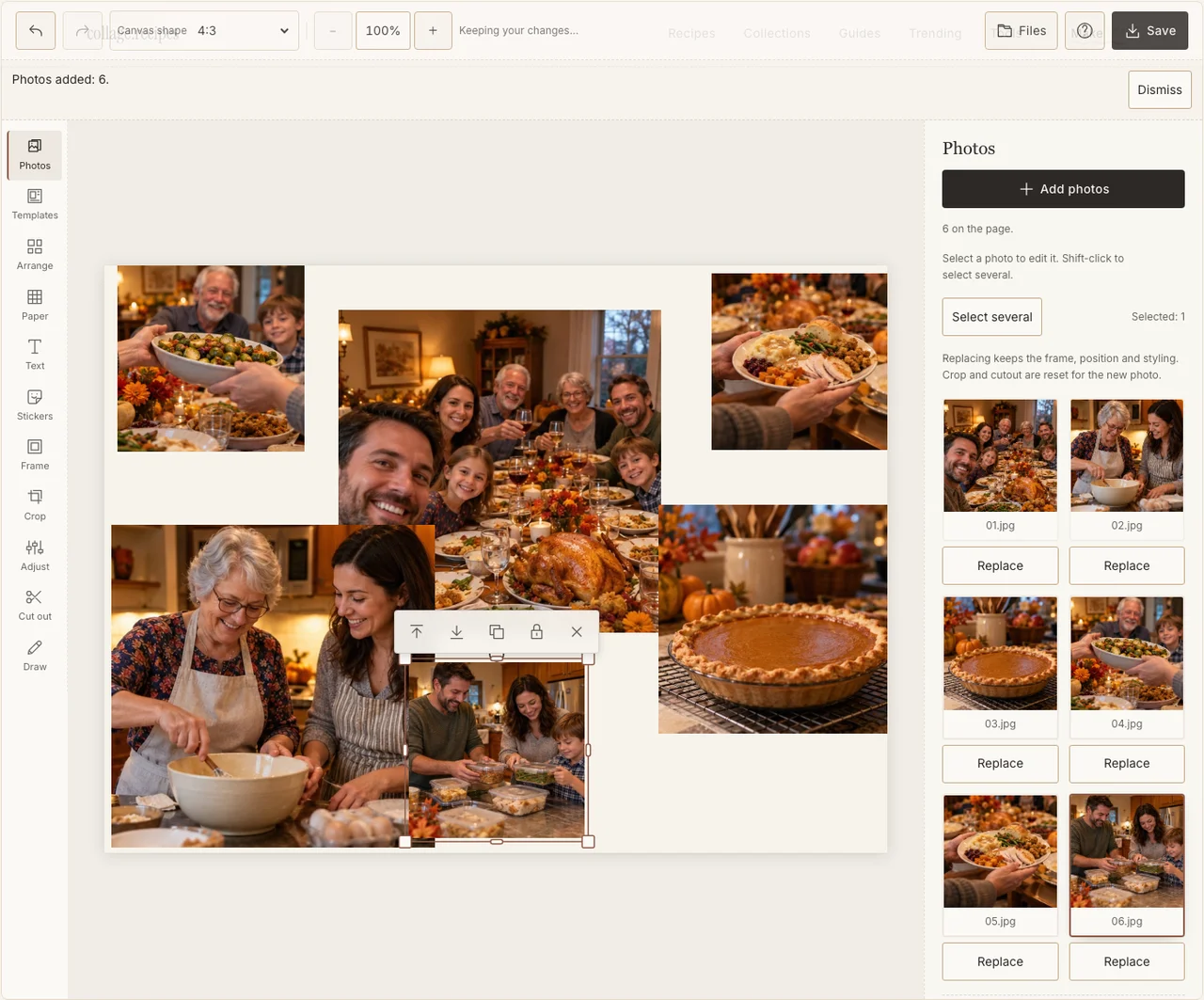 Six Thanksgiving practice photographs imported in the actual maker