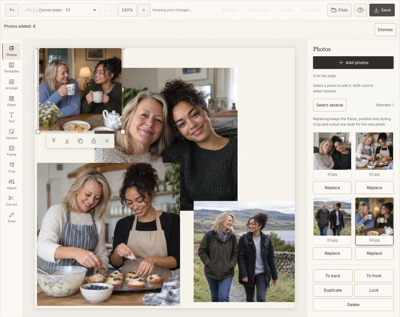 Four shared family memories imported into the real Photos panel