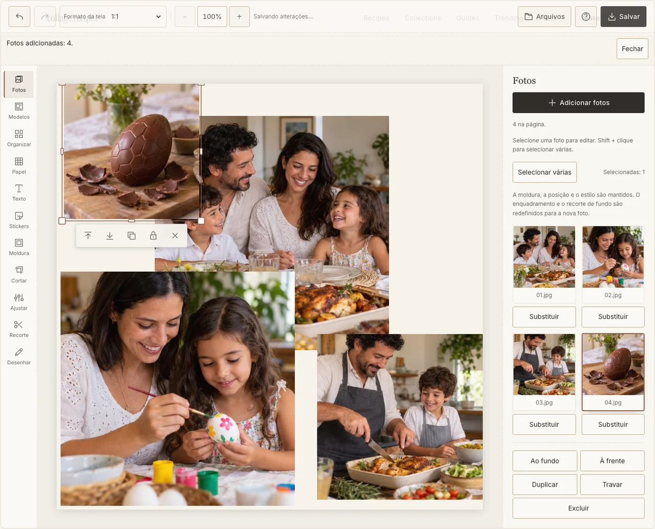 Quatro fotografias de prática do almoço e das atividades em Fotos