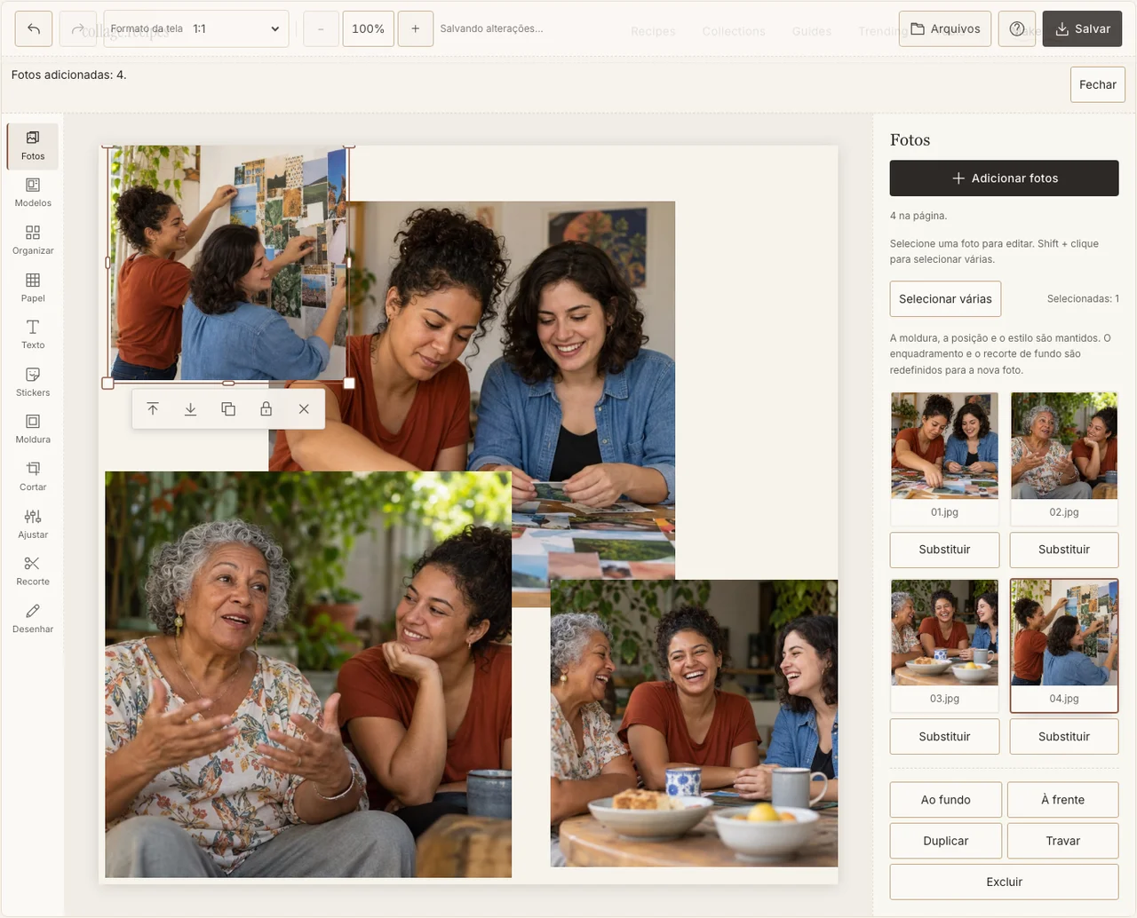 Quatro cenas fictícias de trabalho e conversa no painel Fotos