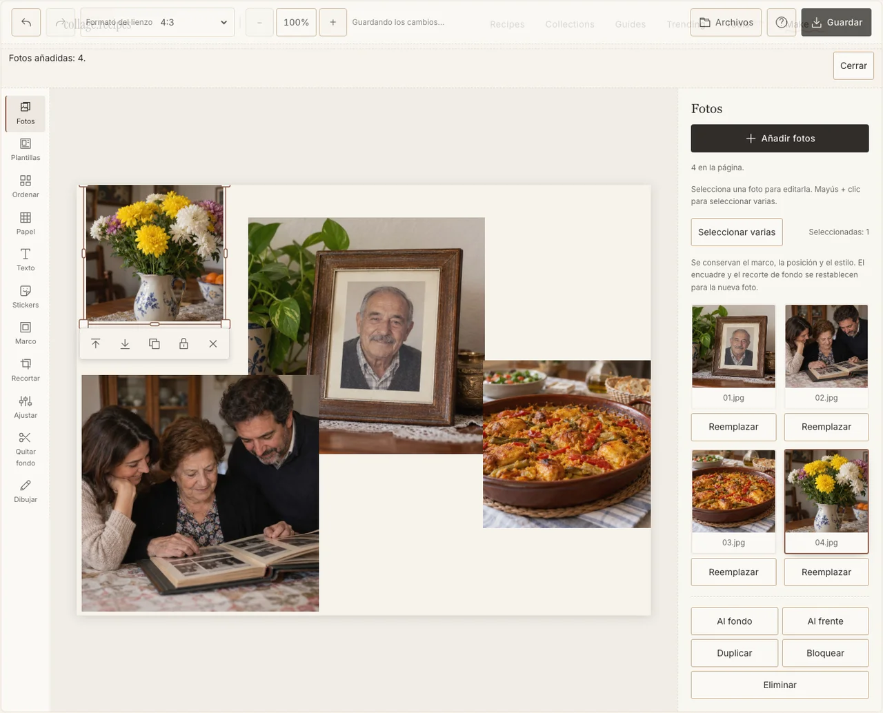 Cuatro fotografías de práctica en el panel Fotos del editor real