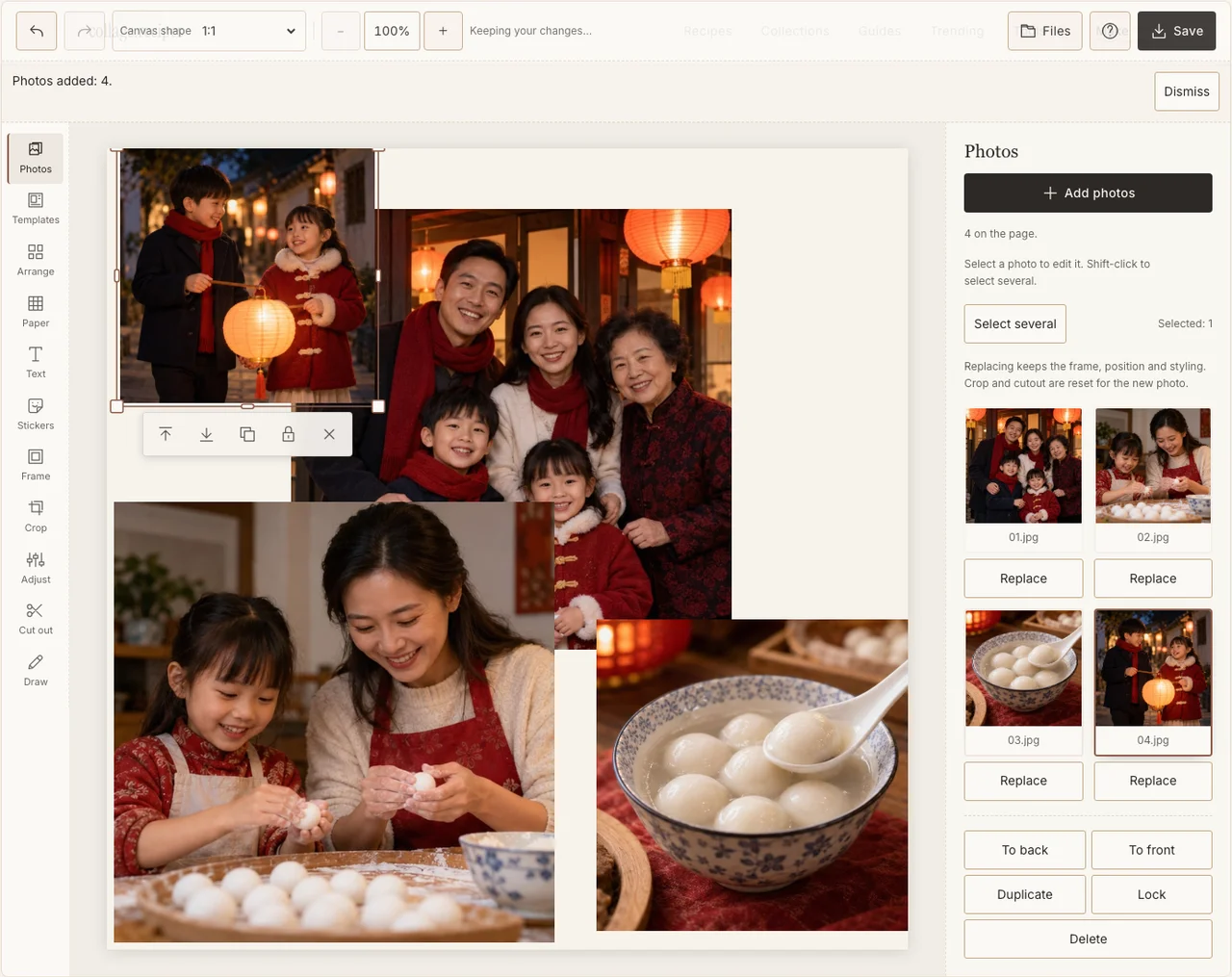 Four family-evening practice images in the actual Photos panel