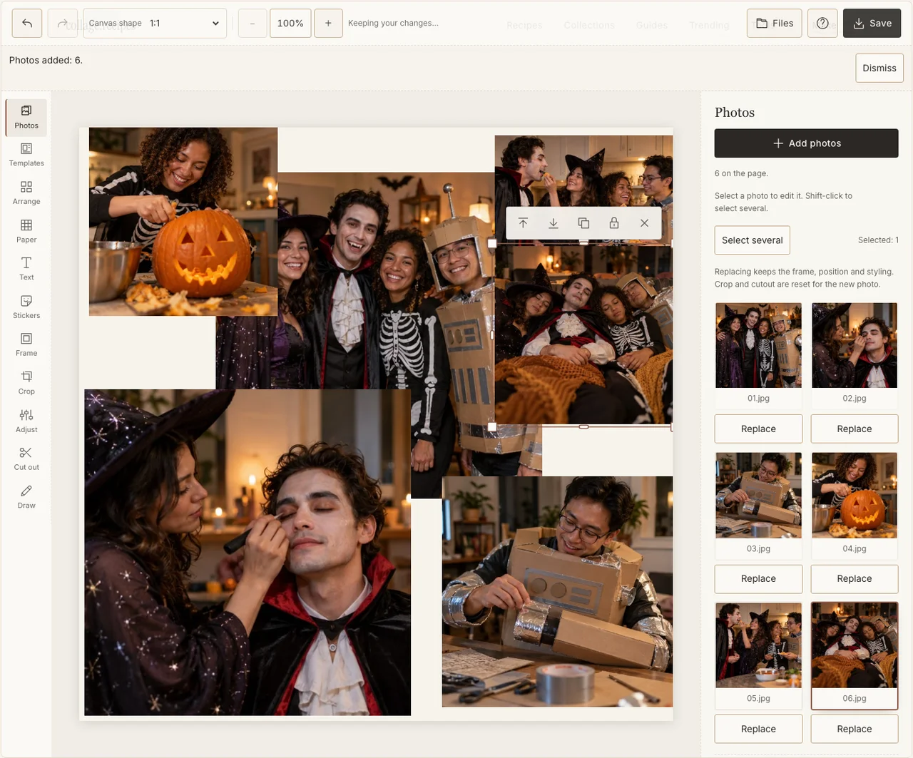 Six Halloween demonstration photos loaded into the actual maker