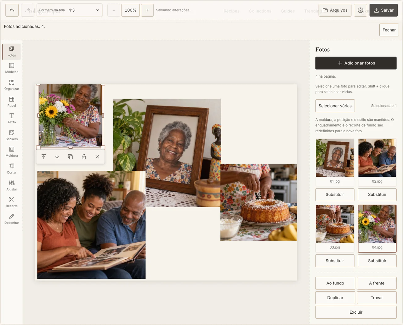 Quatro fotos fictícias de memória familiar no painel Fotos