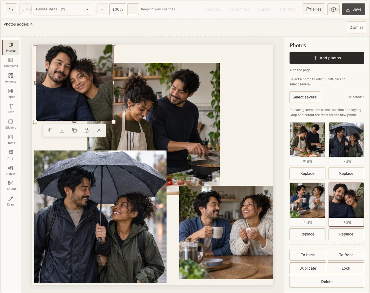 Four everyday couple photographs imported into the real editor
