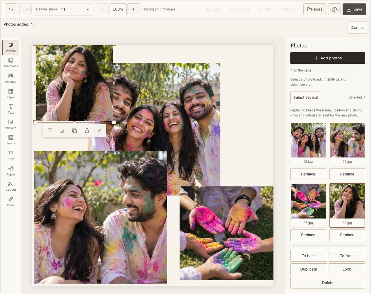 Four colourful fictional Holi photographs in the actual Photos panel