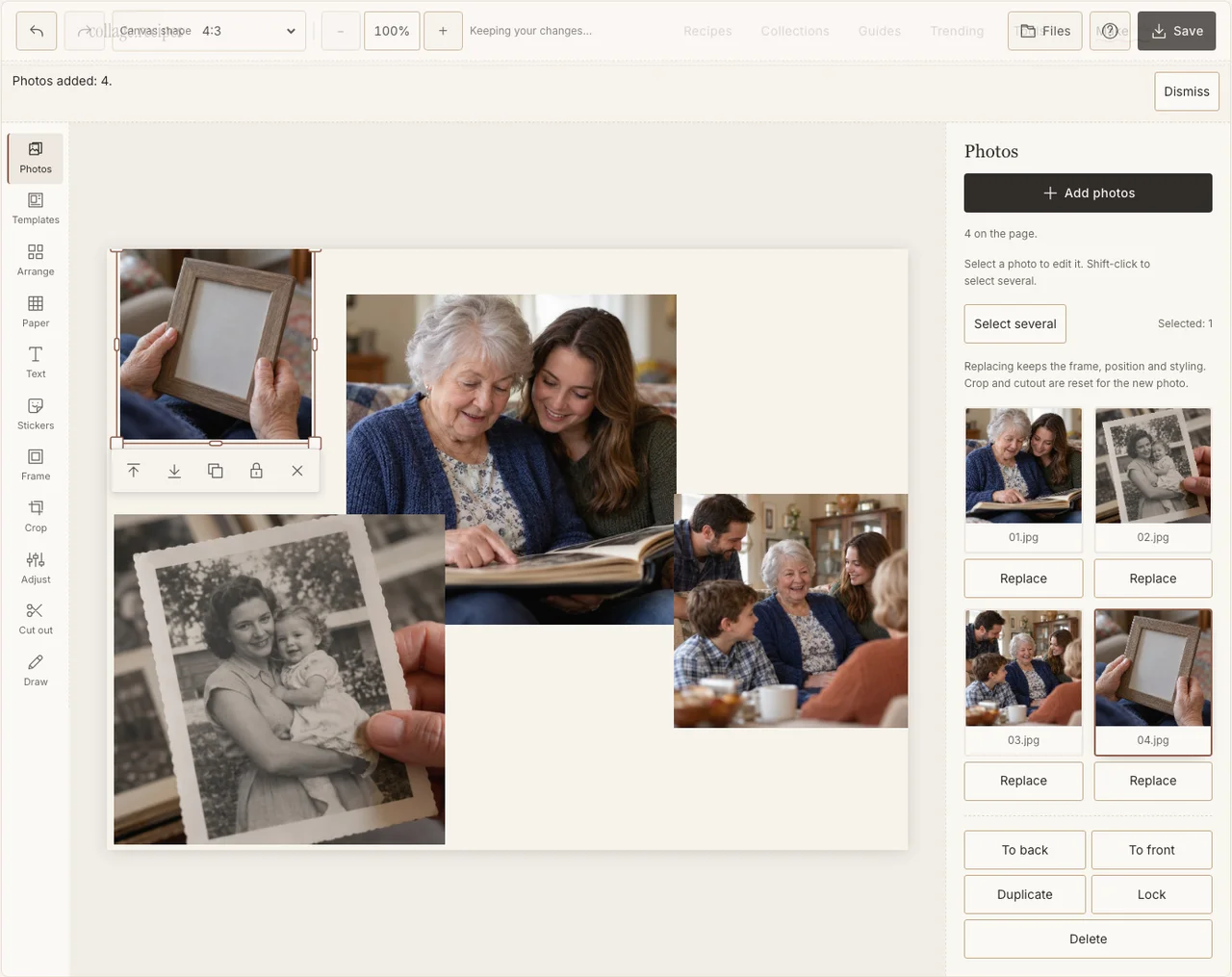 Fictional practice photographs loaded for a family service tribute