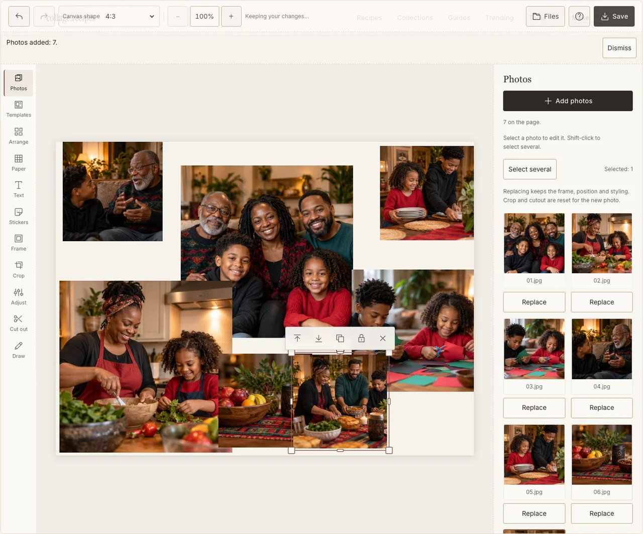 Seven fictional practice photos available for the family-story collage