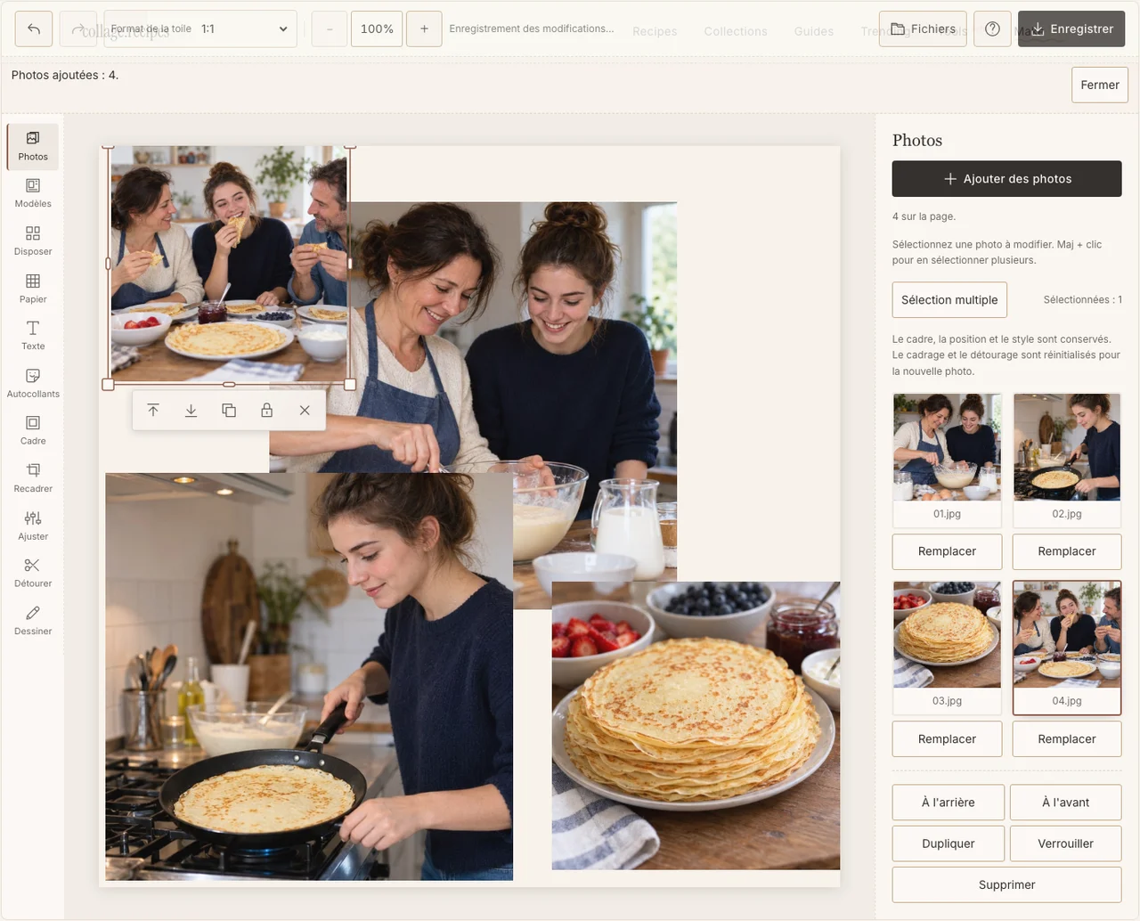 Quatre moments fictifs de préparation et de repas dans Photos