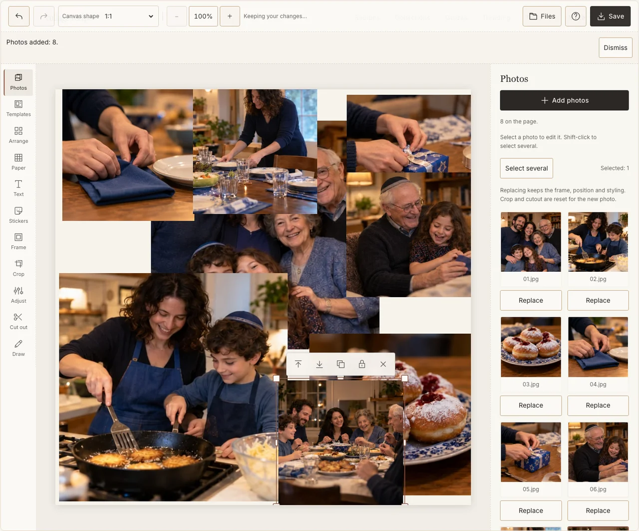 Eight Hanukkah practice moments available in the Photos panel
