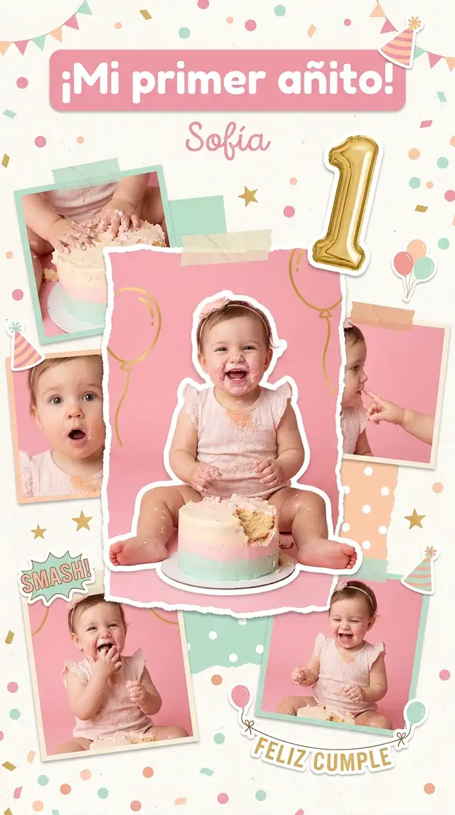 Collage del Primer Añito y Smash Cake — 9:16 Vertical
